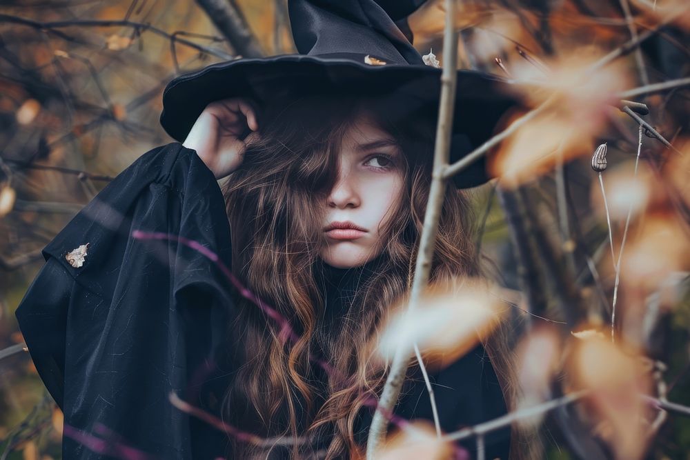 Girl dressed as a witch portrait photo contemplation.