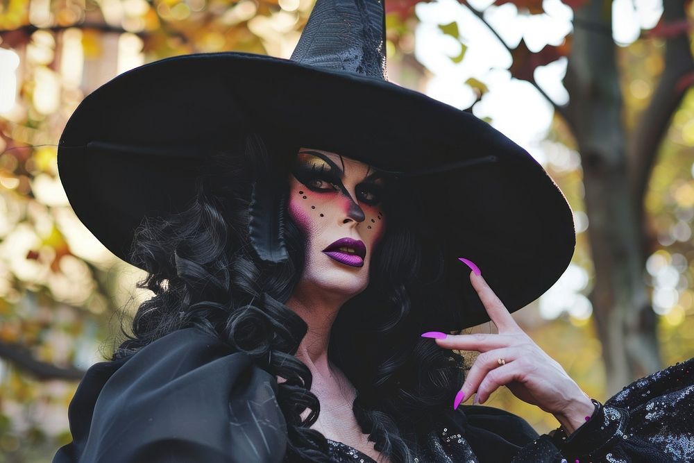 Drag queen dressed as a witch halloween adult celebration.