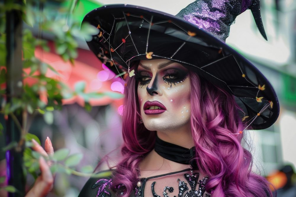 Drag queen dressed as a witch halloween festival adult.