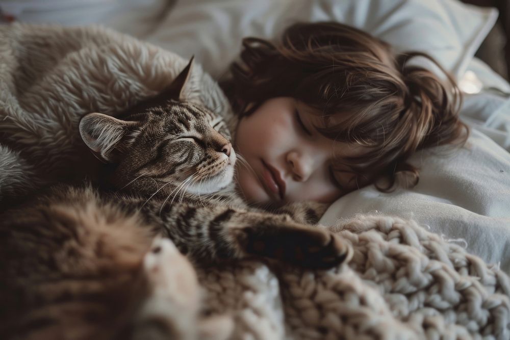 A kid cuddle with a cat sleeping blanket mammal.