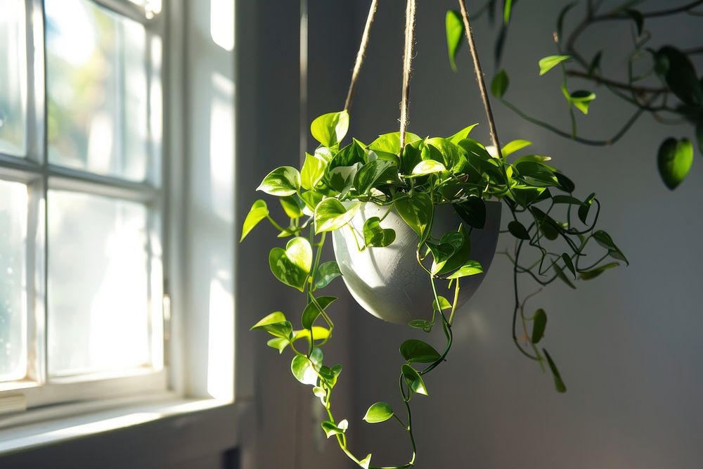 Pothos plants windowsill hanging potted plant.