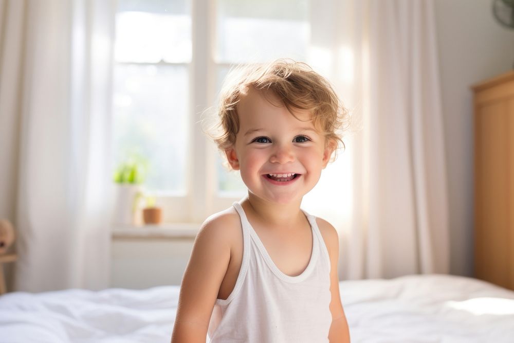 Happy toddler at home child smile white.