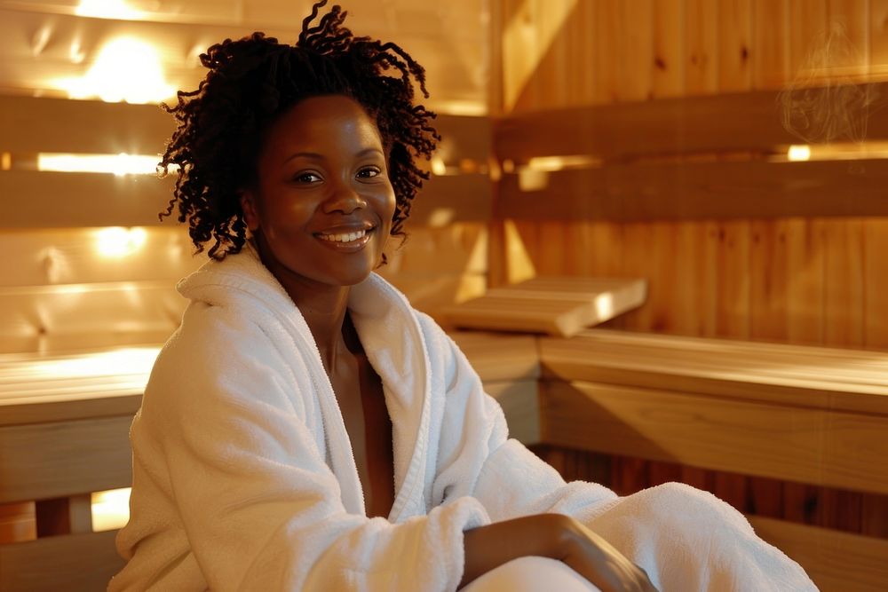 Happy young african american woman in white bathrobe sitting adult architecture relaxation.