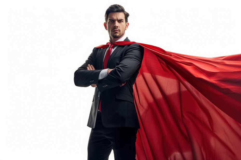 Man in a superheto cape portrait photo suit.