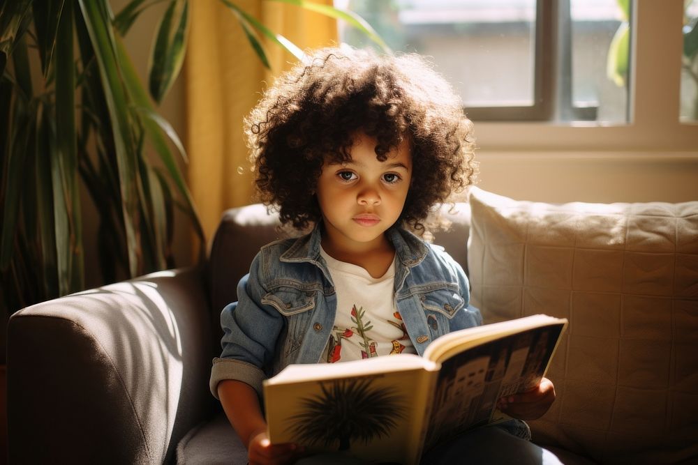 A multiracial toddler reading at home publication furniture portrait.