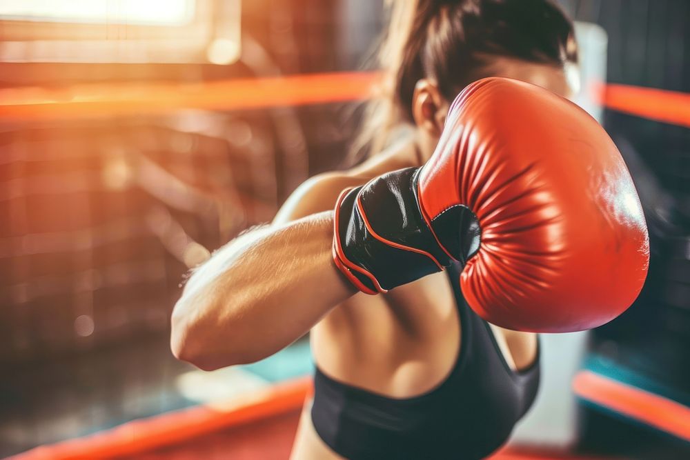 Woman boxing in boxing gym punching sports determination.