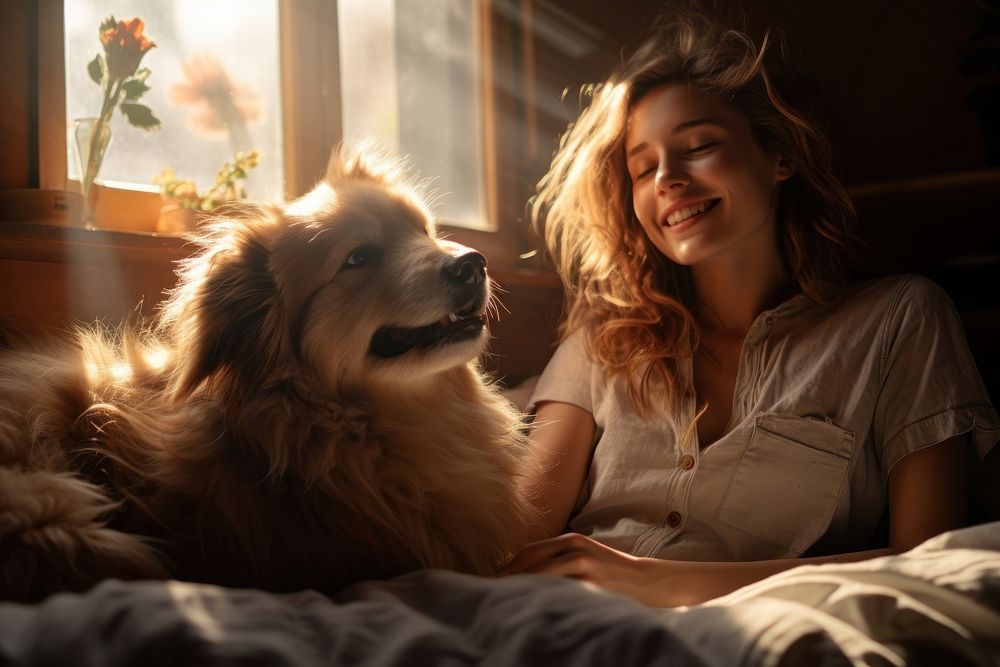 A woman lying on the bed with a dog photo photography portrait.