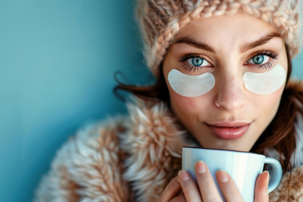 Woman with undereye beauty mask patch cup holding coffee.