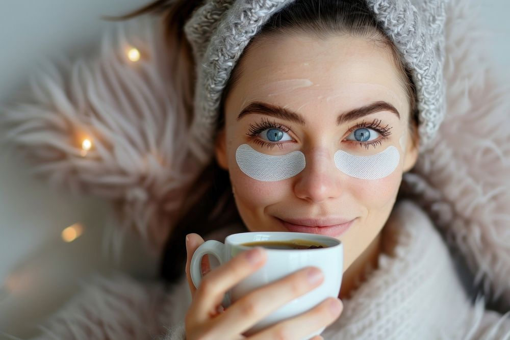 Woman with undereye beauty mask patch coffee portrait holding.