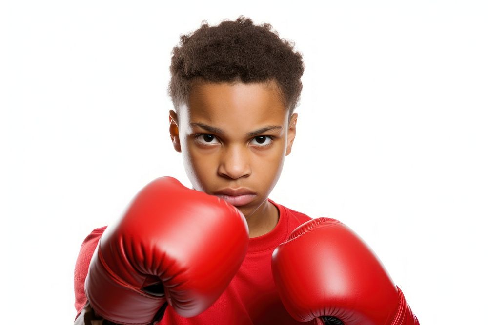 African american teen boxing punching sports white background.