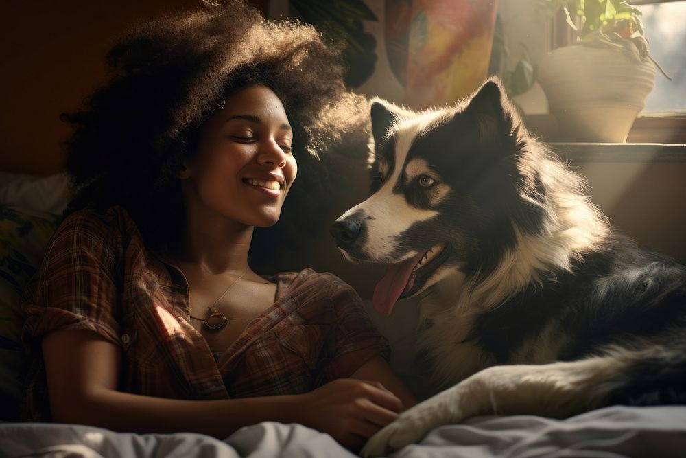 Black woman lounging in bed with dog photo photography accessories.