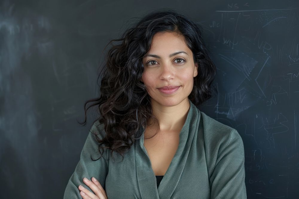 Latin woman teacher cross arm against black board blackboard portrait smile.