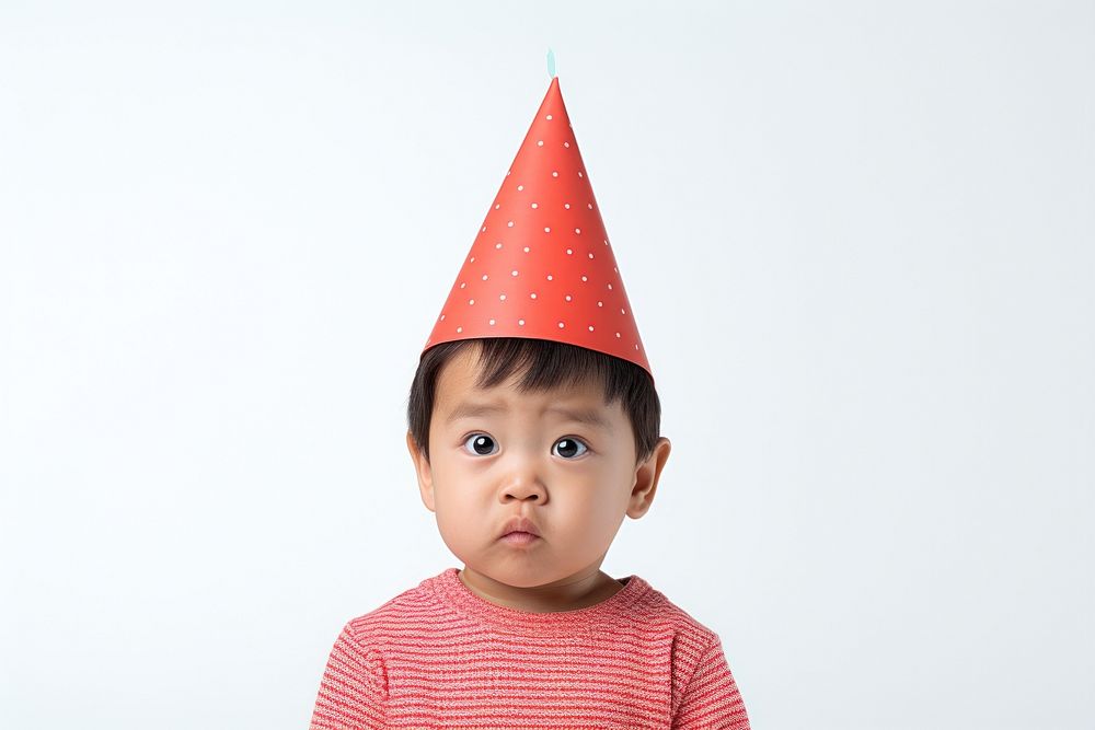 Toddler wear party hat portrait photo white background.