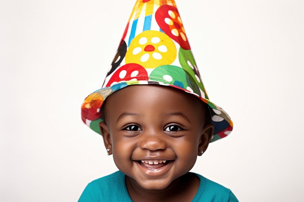 An african amrerican toddler wear party hat portrait smile photo.