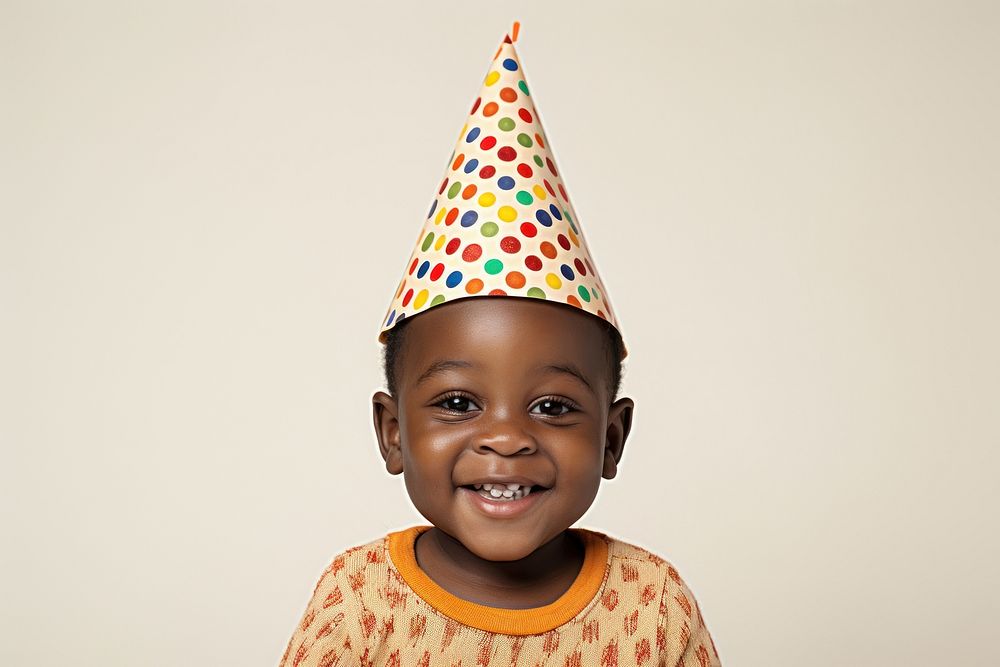 An african amrerican toddler wear party hat portrait photo celebration.