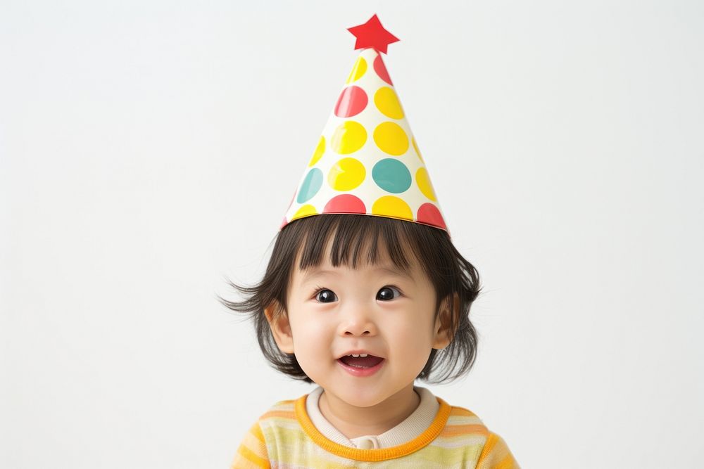 Asian toddler wear party hat baby celebration anniversary.