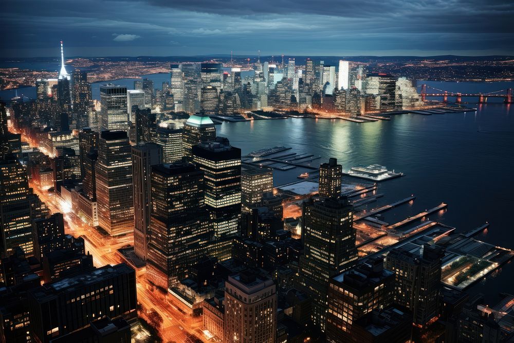 Downtown Manhattan architecture waterfront metropolis.