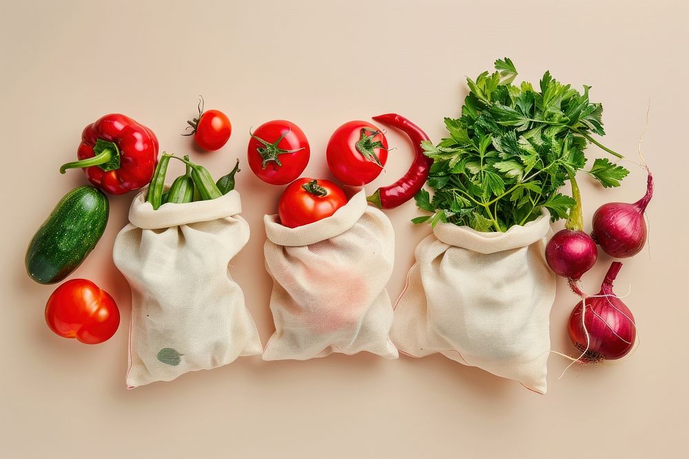 3 kind of fresh organic vegetable ingredients in reusable eco cotton bags parsley plant herbs.