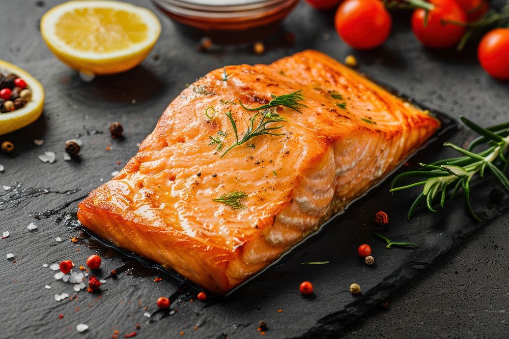 Cooked salmon fillet food seafood meat.