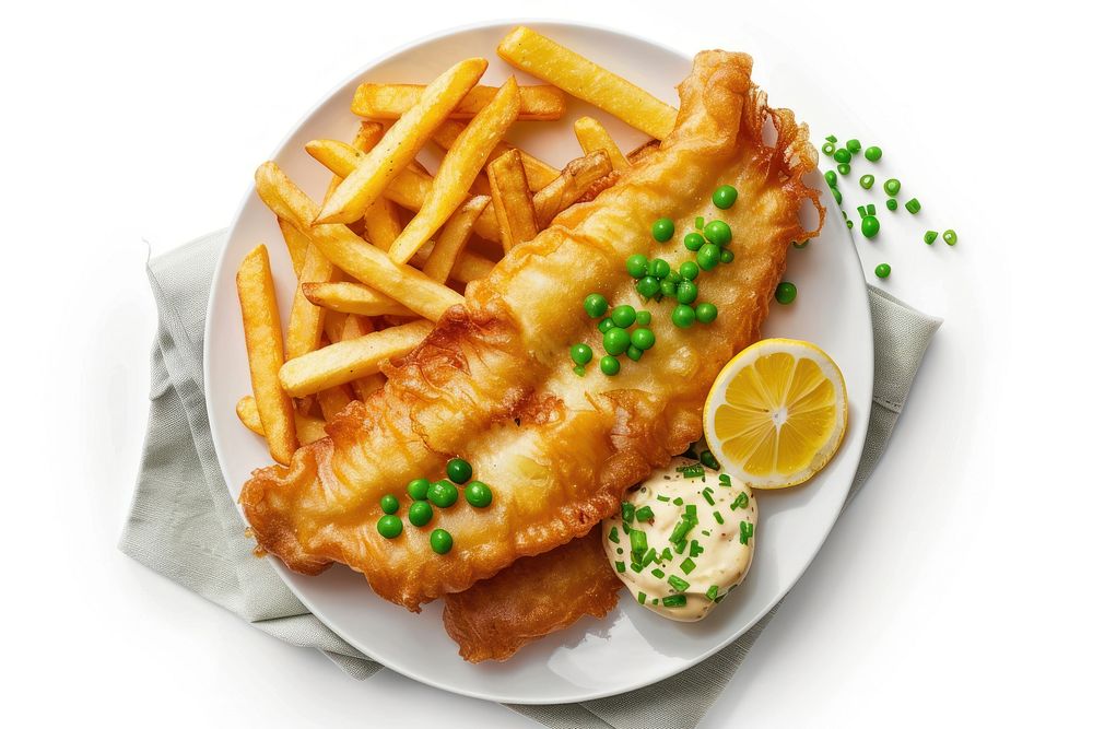 Fish and chips plate food meal.