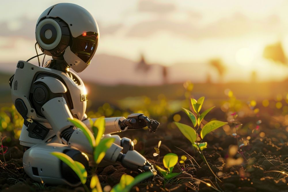 Artificial intelligence robot help Farming helmet person human.