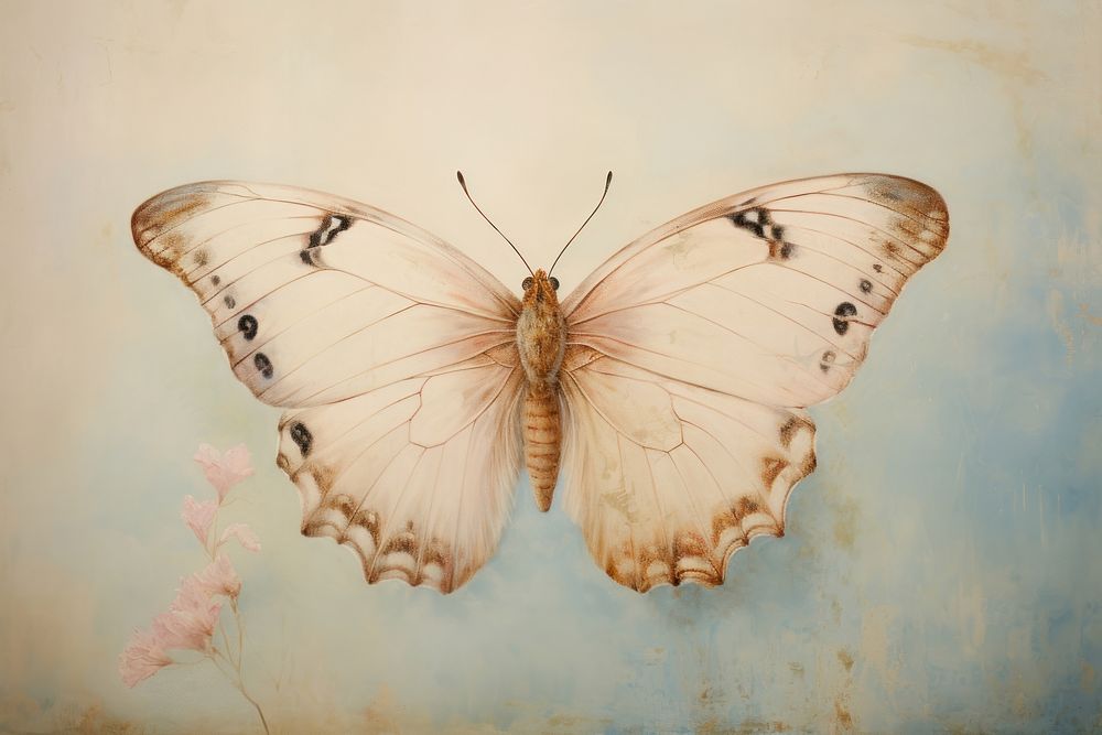 Close up on pale pastel tones butterfly painting invertebrate wedding.