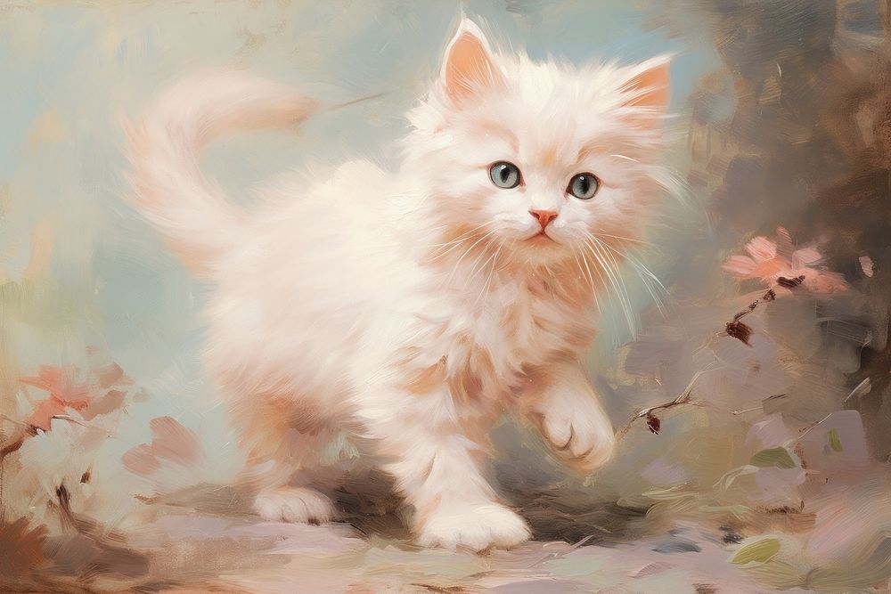 Close up on pale pastel tones kitten enjoy happy painting angora animal.