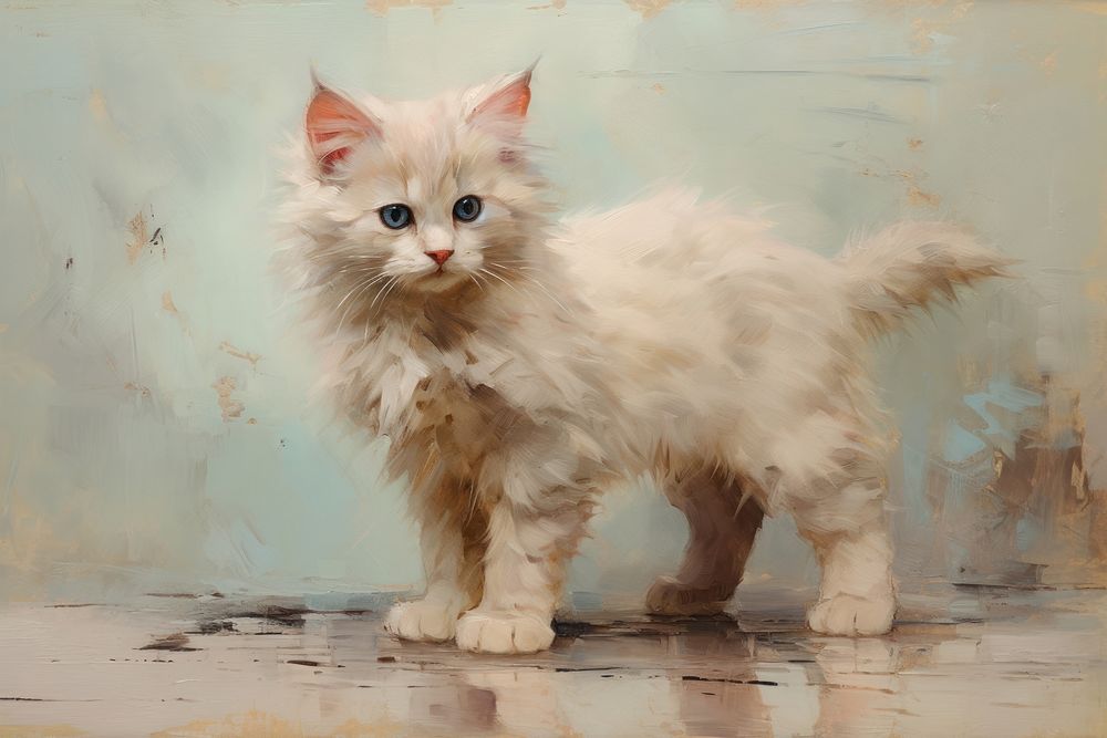 Close up on pale pastel tones kitten full body painting angora animal.