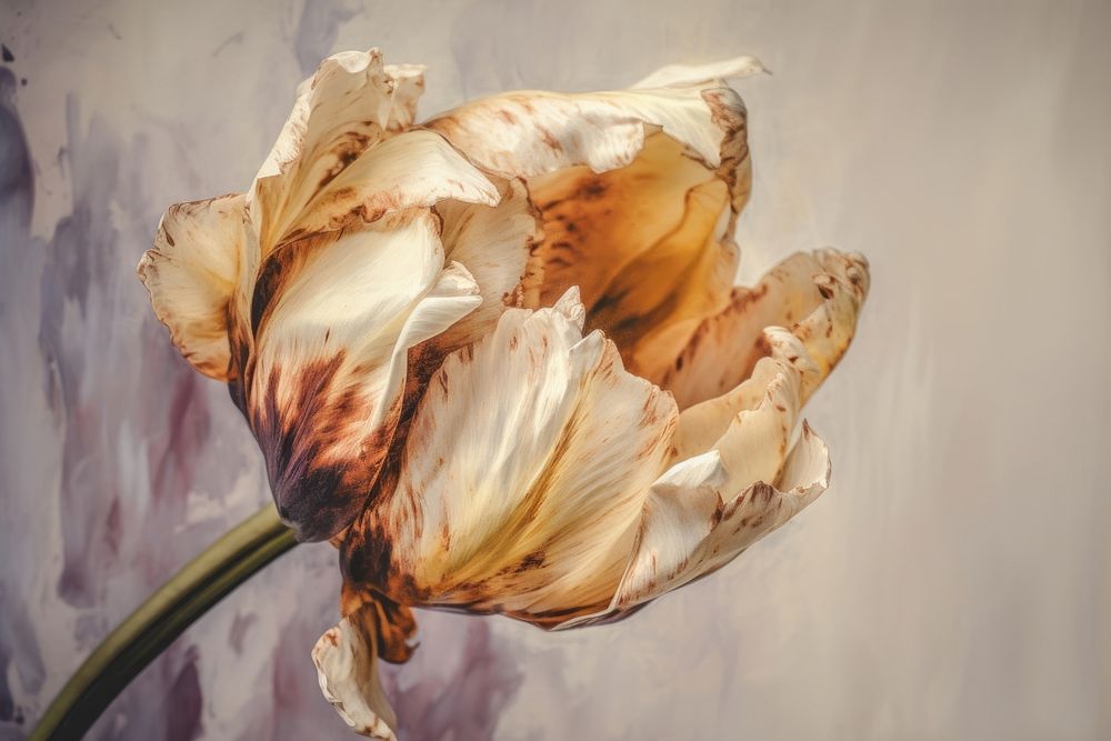 Close up on pale dried tulip flower painting blossom dessert.