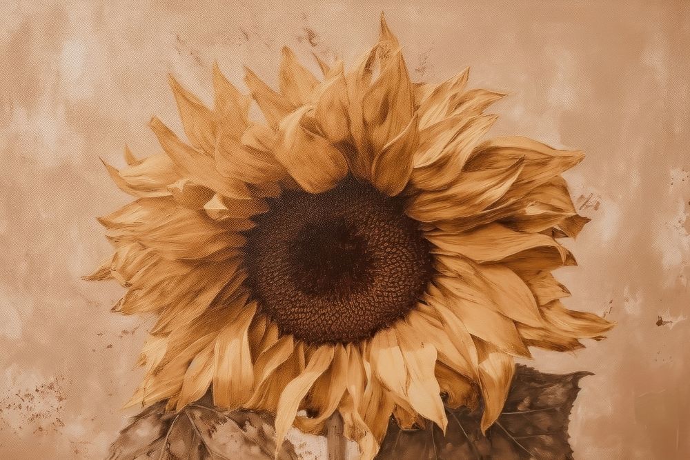 Close up on pale dried sunflower painting blossom person.