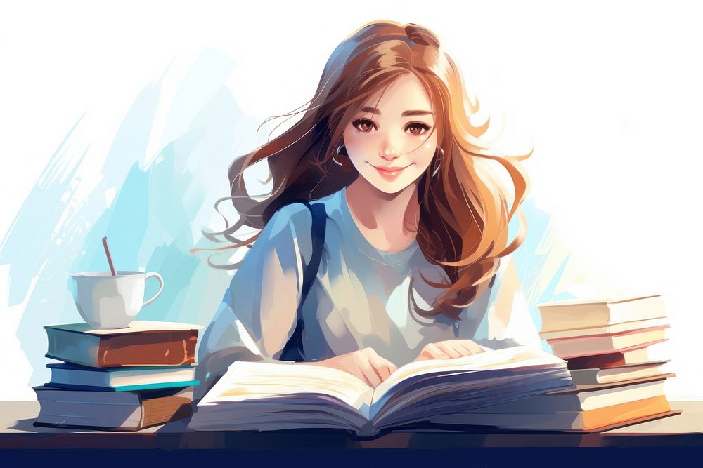 Happy girl studying with books Student girl publication reading person.