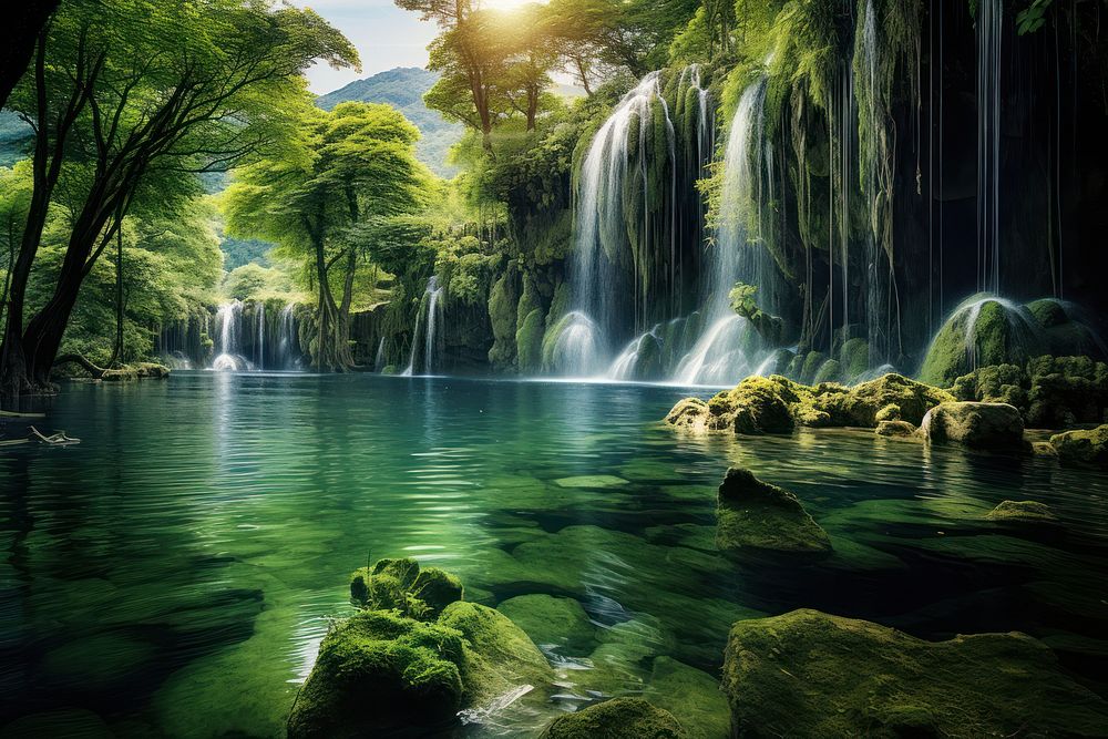 Waterfalls and lakes surrounded by trees waterfall vegetation rainforest.
