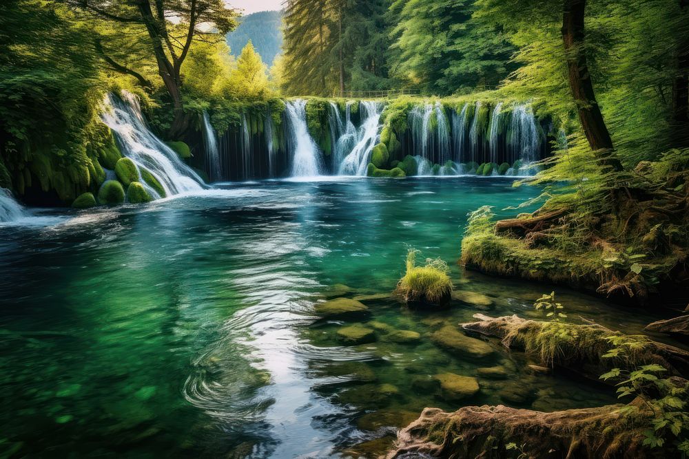 Waterfalls and lakes surrounded by trees waterfall vegetation rainforest.