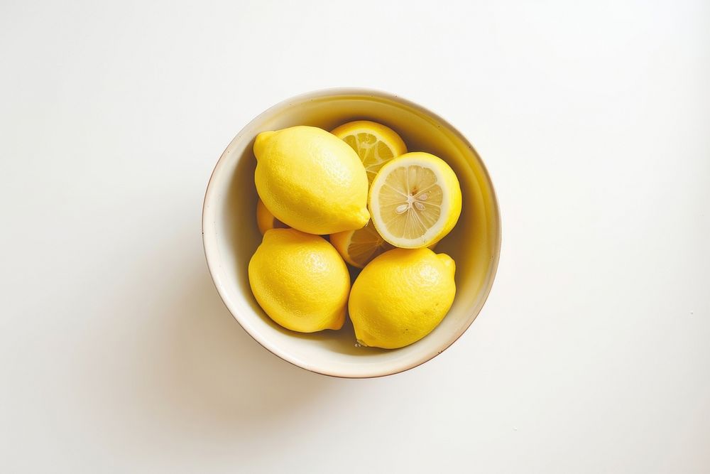 A bowl of lemon produce fruit plant.