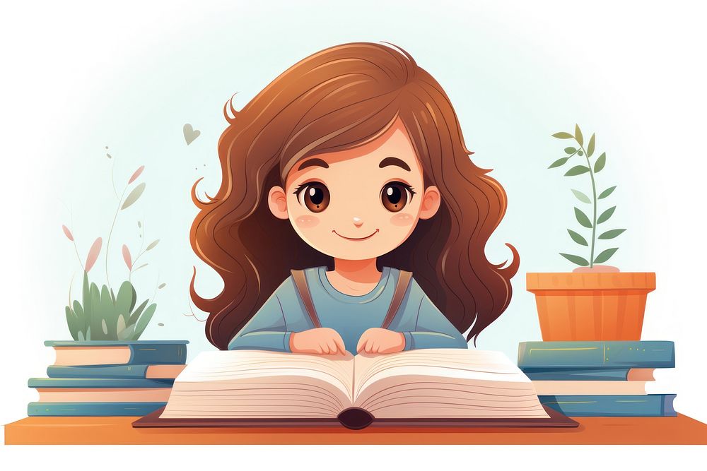 Happy girl studying with books publication reading cartoon.