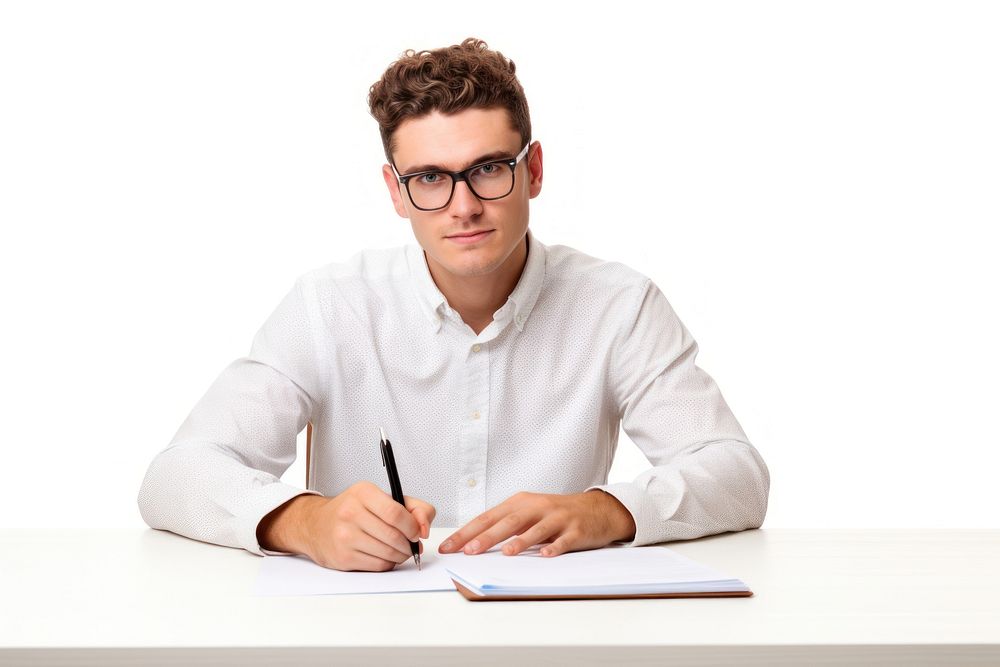 Young man with glasses writing accessories accessory.