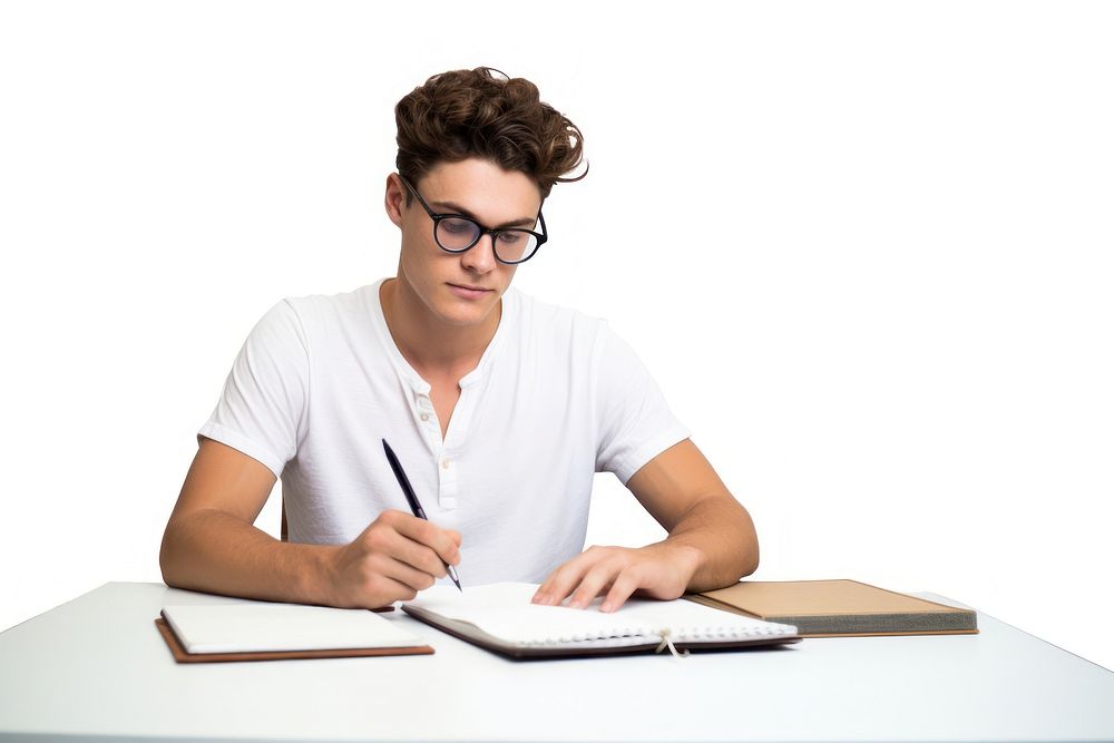 Young man with glasses writing furniture reading.