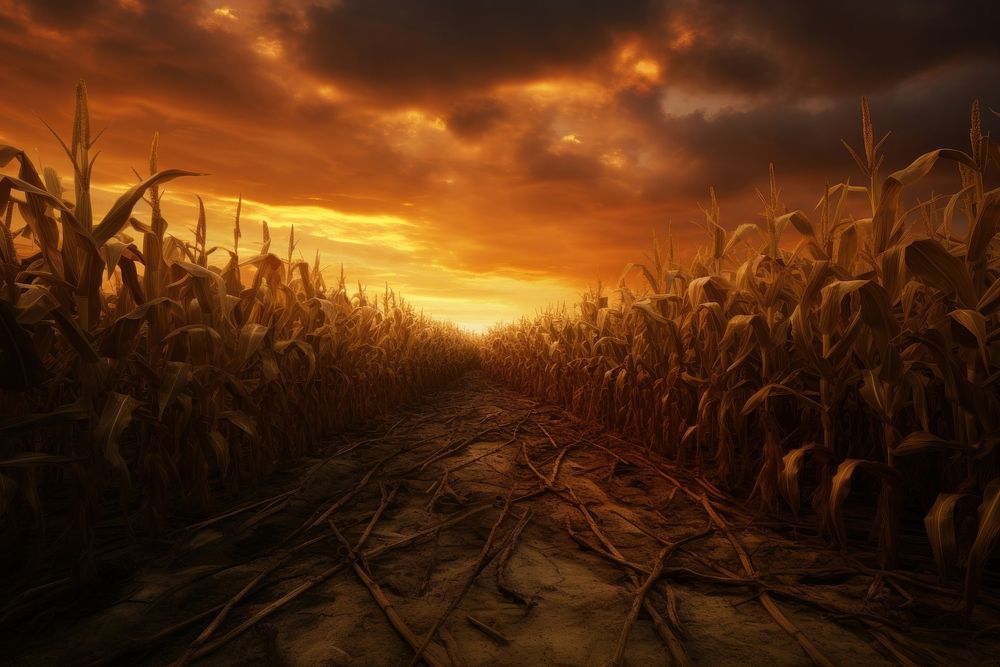 Corn field sunset vegetation landscape.