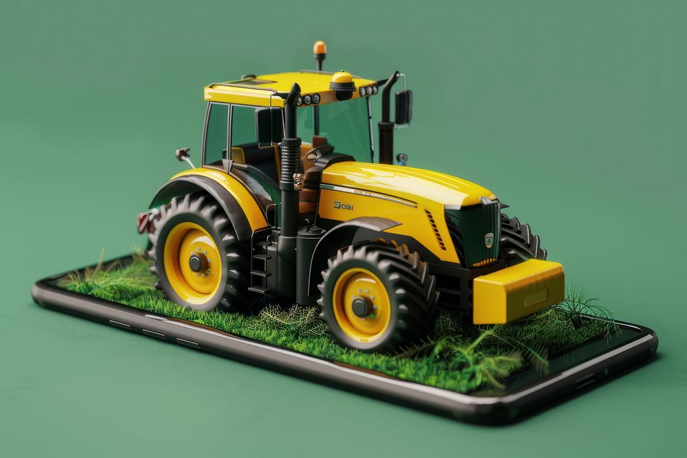 Yellow tractor on a smartphone transportation  machine.