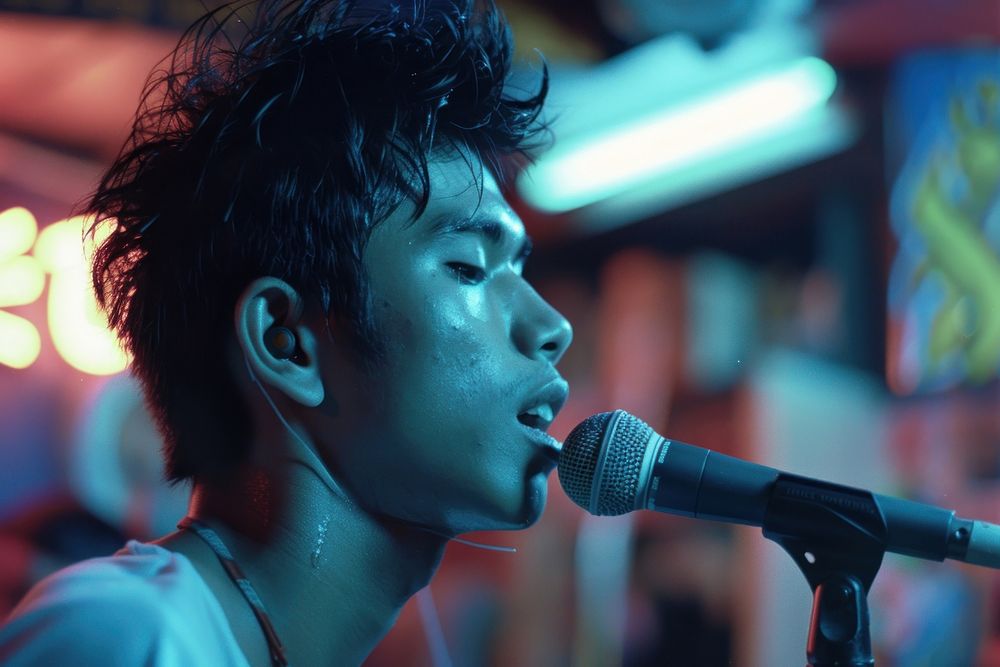 Thai Man singing music at karaoke room electronics microphone performer.