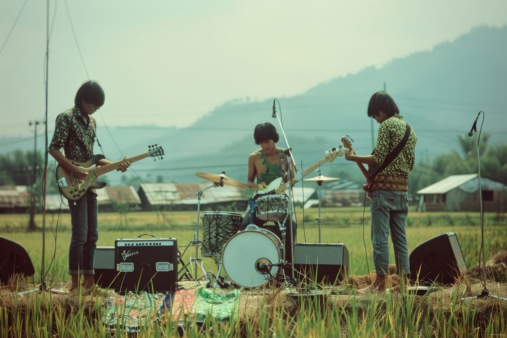 Thai rock band playing music outdoor concert at rice field electronics accessories microphone.