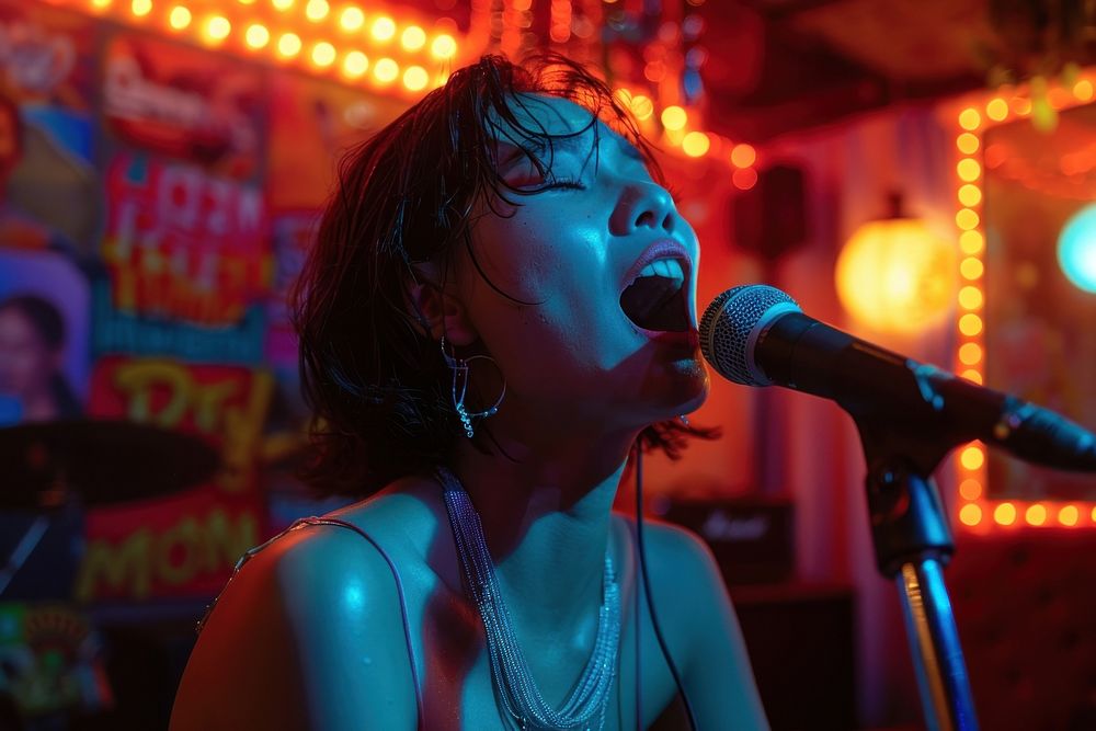 Thai woman singing music at karaoke room microphone performer person.