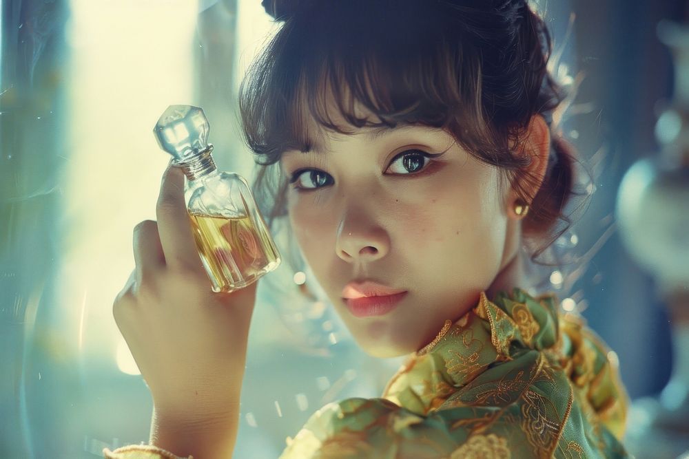 Thai Young woman holding perfume cosmetics bottle person.