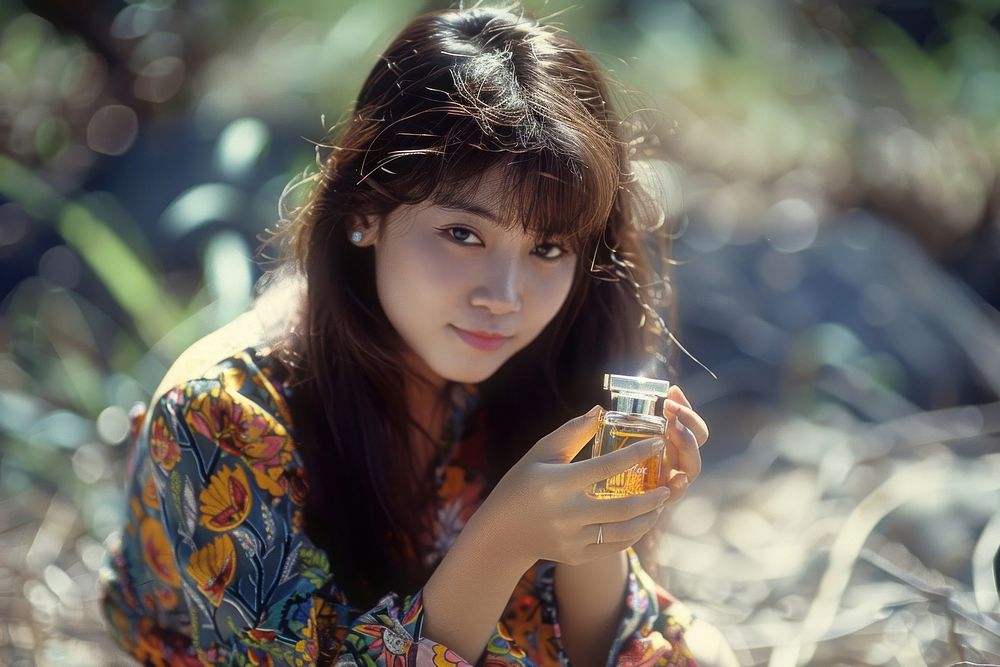 Thai Young woman holding perfume photo photography accessories.