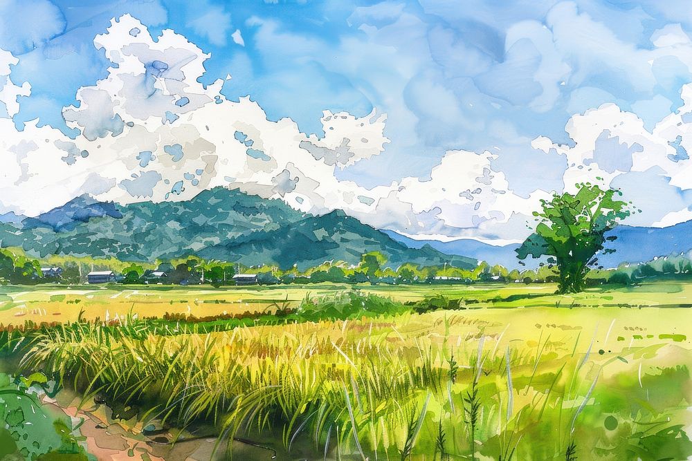 Thailand rice fields art countryside vegetation.