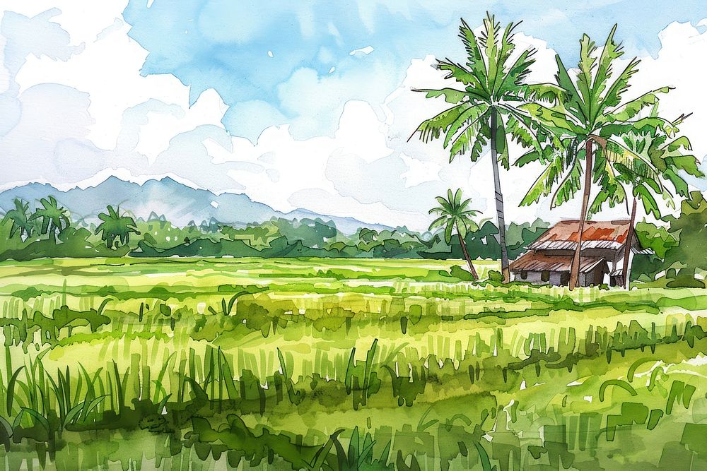 Thailand rice fields architecture countryside vegetation.