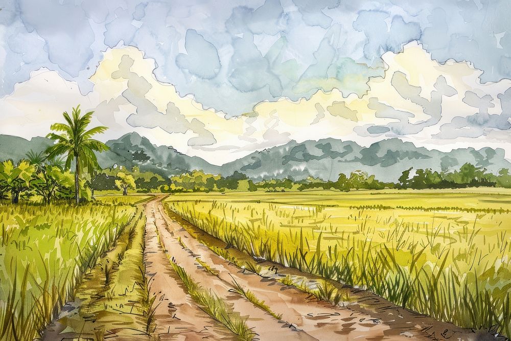Thailand rice fields art countryside vegetation.