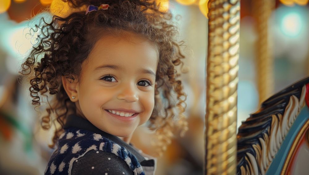 A mixed race child with curly hair smiles carousel photography accessories.