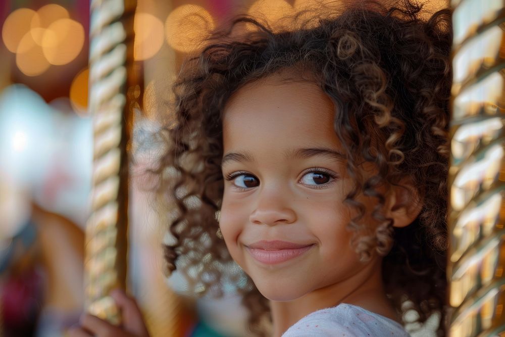 A mixed race child with curly hair smiles carousel photography portrait.