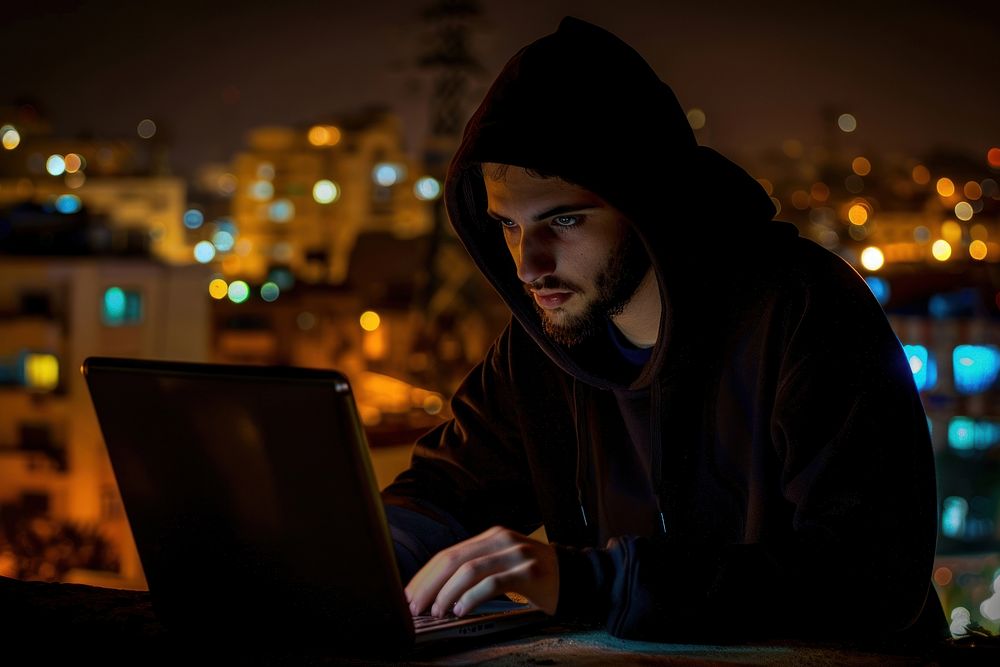Hacker laptop hoodie photography.